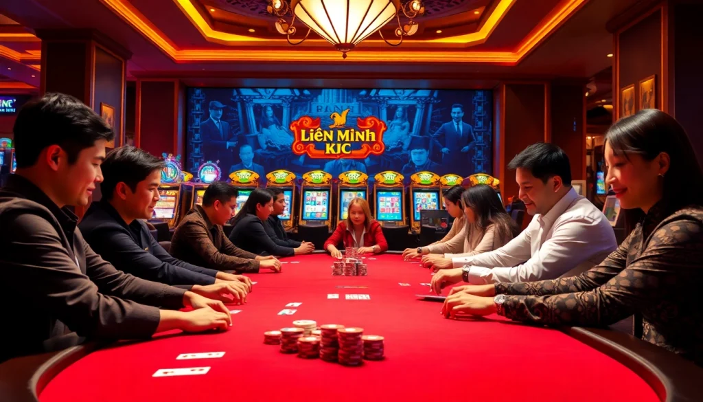 Players enjoying a thrilling poker game at Liên Minh KJC’s luxurious casino.