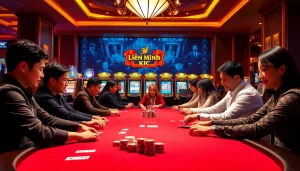 Players enjoying a thrilling poker game at Liên Minh KJC’s luxurious casino.