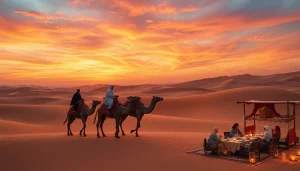 Agafay desert camel ride and dinner with a show at sunset, featuring camels and a traditional Moroccan setup.