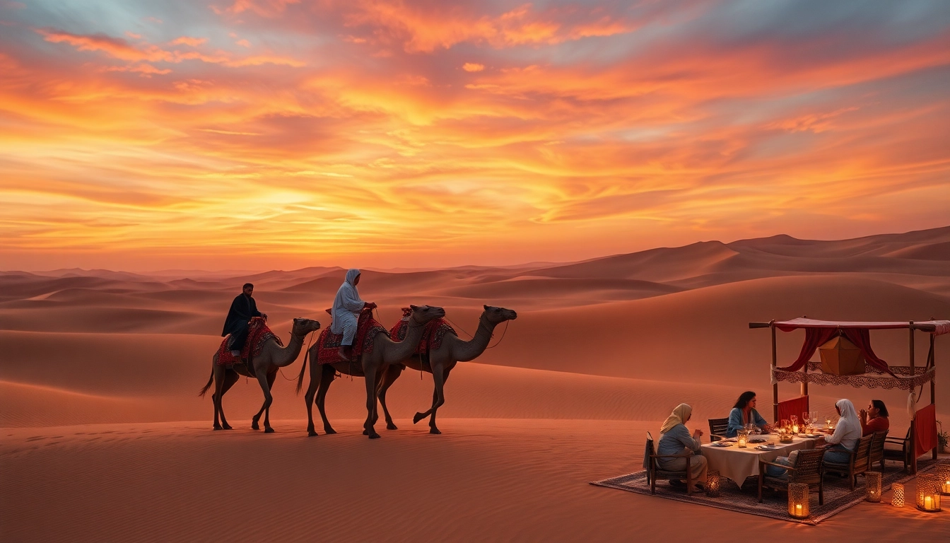 Agafay desert camel ride and dinner with a show at sunset, featuring camels and a traditional Moroccan setup.