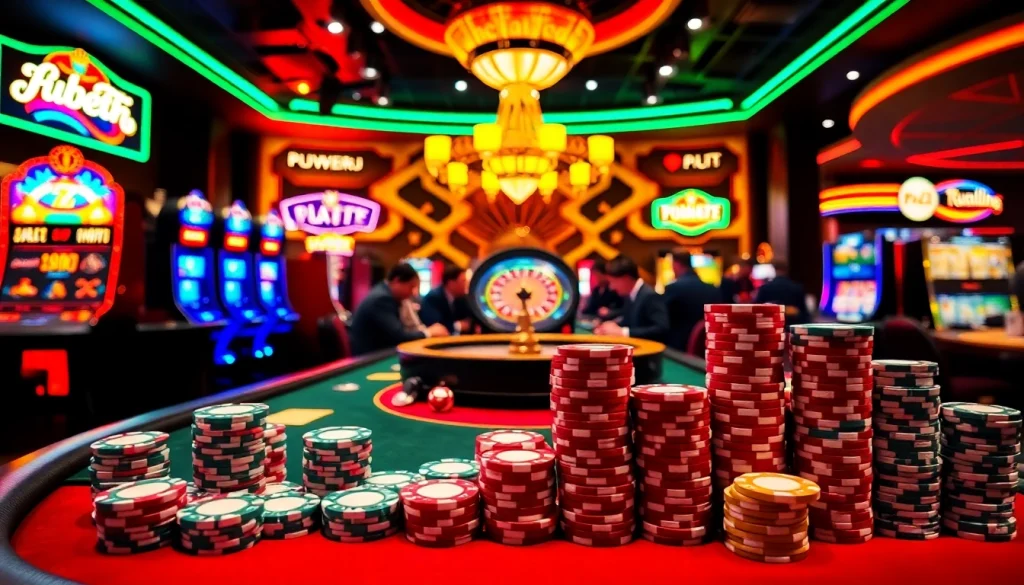 Players enjoying a thrilling poker game at f8bet casino, surrounded by slot machines and vibrant lights.
