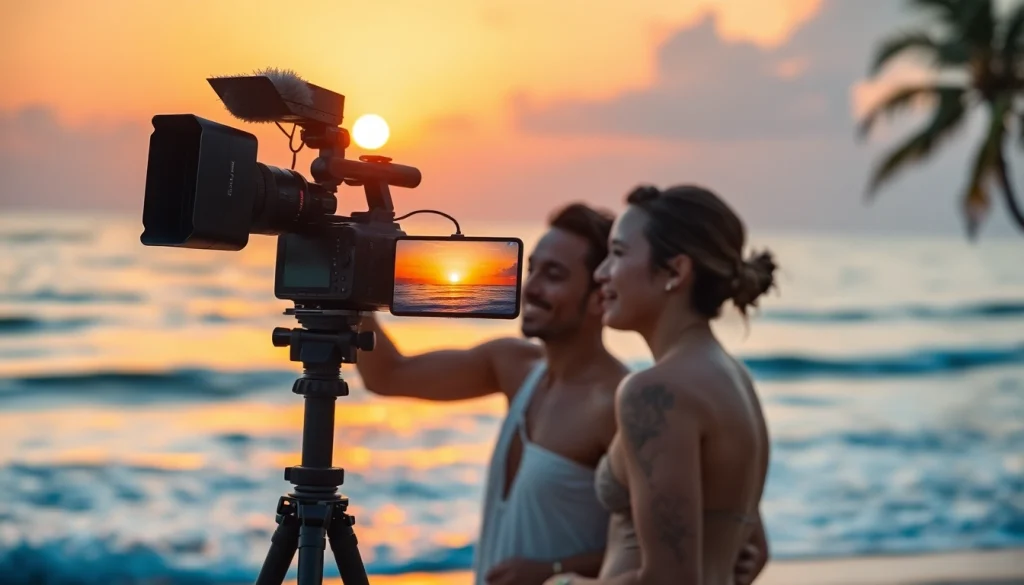 Videographer capturing a breathtaking sunset on the beach with clients in focus.