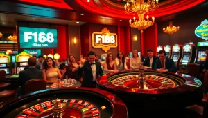 Excited gamblers at a luxurious casino featuring the link F168 on digital displays.
