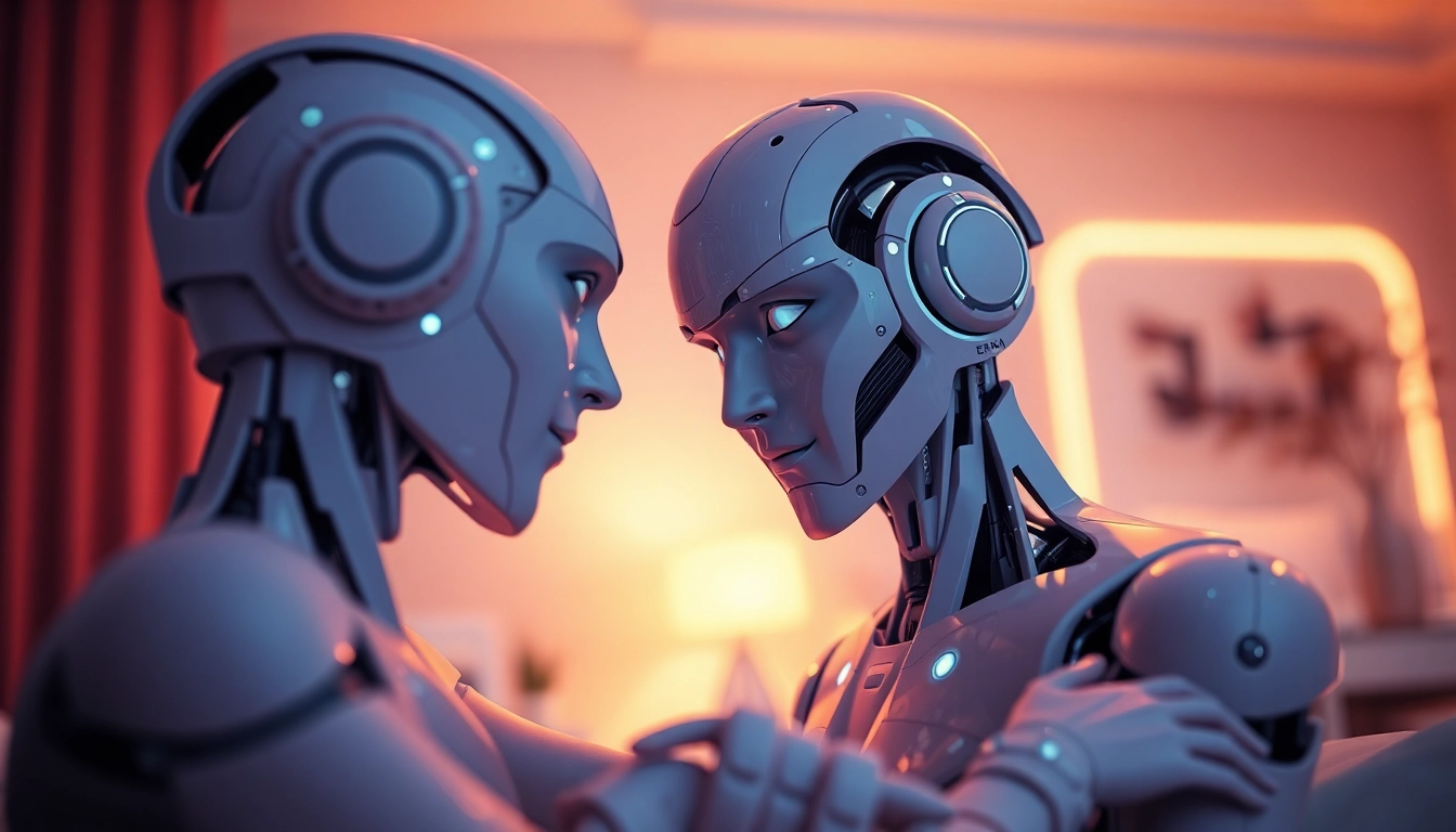 AI sex interaction scene with humanoid robot and human in a softly lit, modern bedroom.