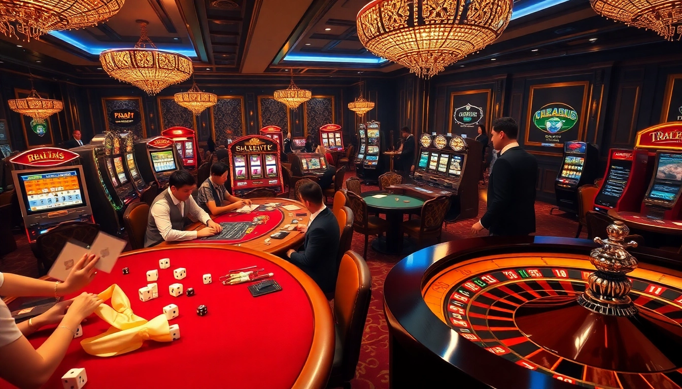 High-energy gambling scene showcasing Nhà cái F8BET with players at exciting tables and vibrant slot machines.