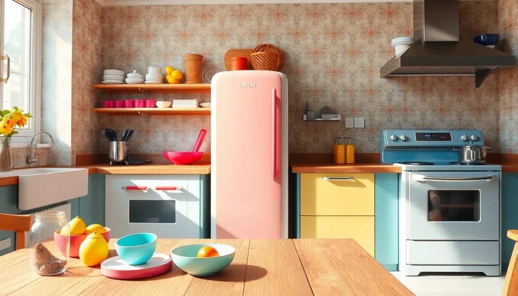 Showcase of retro appliances in a colorful vintage kitchen setting, featuring a pastel refrigerator.