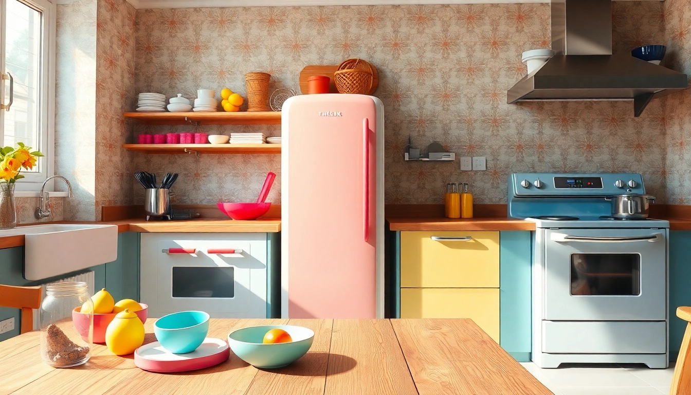 Showcase of retro appliances in a colorful vintage kitchen setting, featuring a pastel refrigerator.