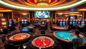 Experience the excitement of new 66 games in a vibrant casino setting with poker chips and roulette wheels.