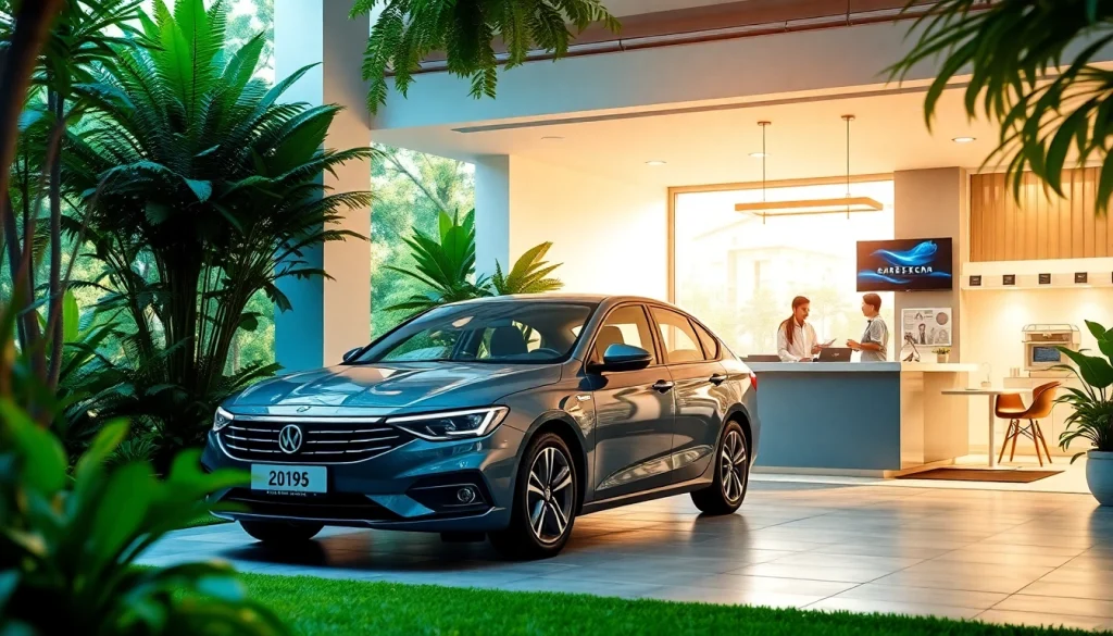 Car rental in Kuching, Sarawak featuring a modern office and tropical scenery.