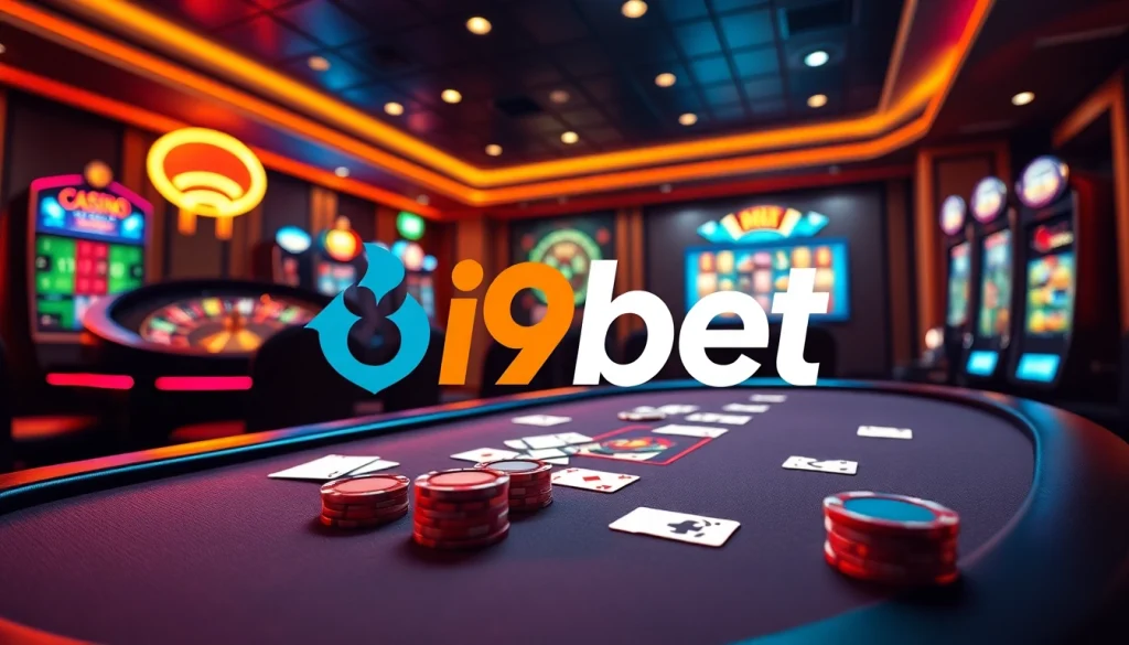 Experience thrilling i9bet online gaming with vibrant casino visuals featuring poker, roulette, and slot machines.