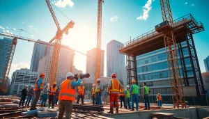 Workers engaged in Austin construction at a busy site with cranes in the background.