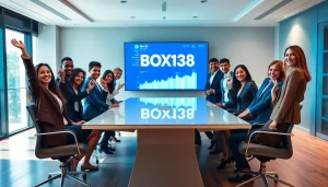 Celebration of success in a modern financial office with BOX138 displayed, showcasing business professionals.