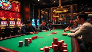 Players engaging in a high-stakes poker game at thabet casino, showcasing excitement and luxury.