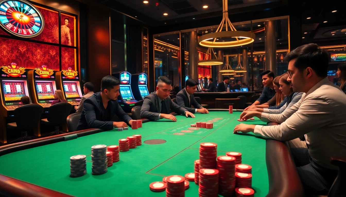 Players engaging in a high-stakes poker game at thabet casino, showcasing excitement and luxury.