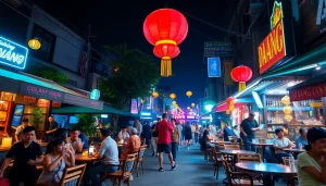 Explore Da Nang's lively 밤문화 scene with vibrant nightlife, neon lights, and joyful mingling.