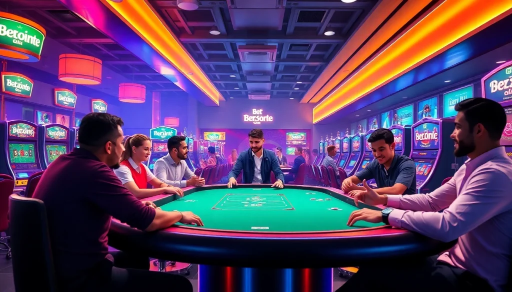 Apostadores se divertindo na Bet dá Sorte, em um cassino ao vivo com máquinas brilhantes e emoção evidente.