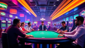 Apostadores se divertindo na Bet dá Sorte, em um cassino ao vivo com máquinas brilhantes e emoção evidente.