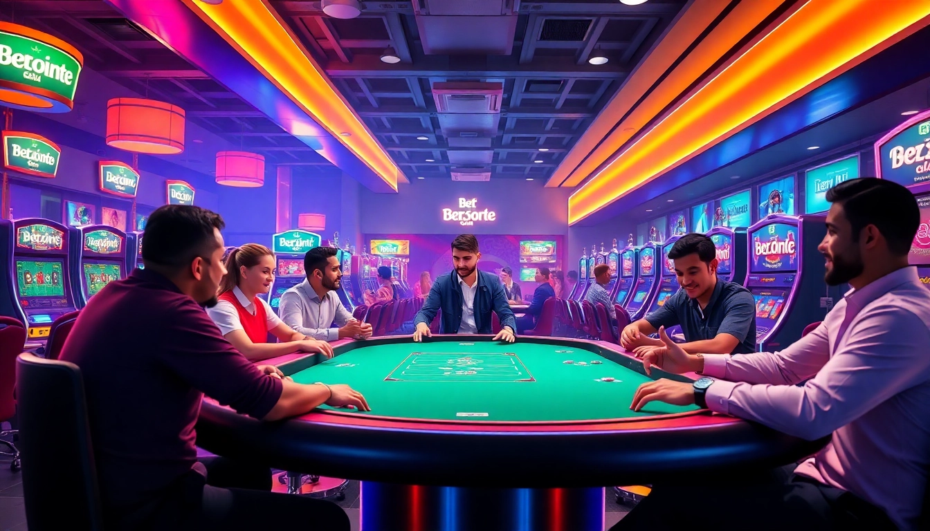 Apostadores se divertindo na Bet dá Sorte, em um cassino ao vivo com máquinas brilhantes e emoção evidente.