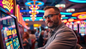 Slot bet 50 menunjukkan pemain bersemangat di mesin slot dengan suasana kasino yang ceria.