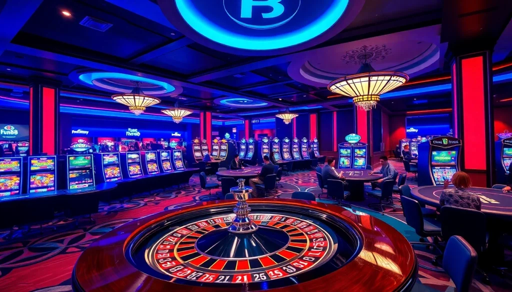 Experience the excitement of Fun88 with immersive casino gameplay on stylish tables and vibrant slot machines.
