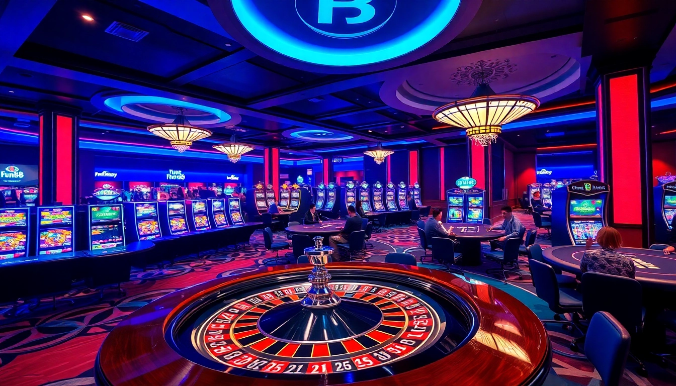 Experience the excitement of Fun88 with immersive casino gameplay on stylish tables and vibrant slot machines.