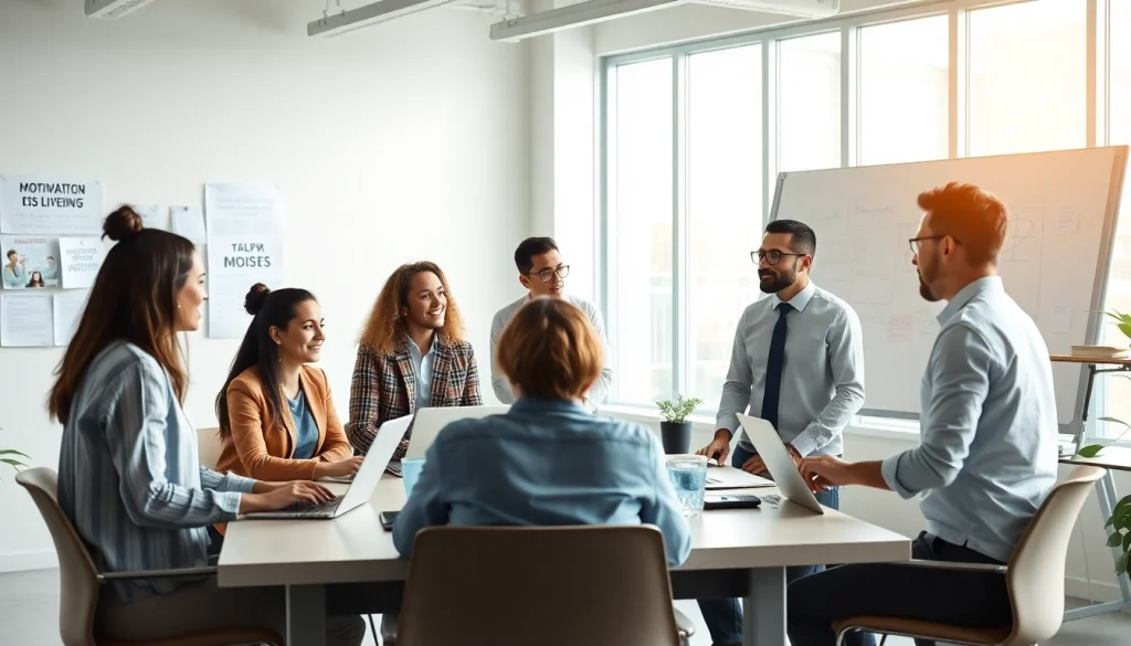 Professionals collaborating on premium motivation techniques in a modern office setting.
