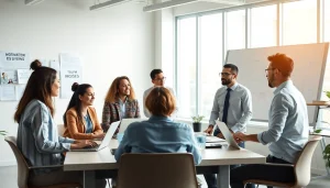 Professionals collaborating on premium motivation techniques in a modern office setting.