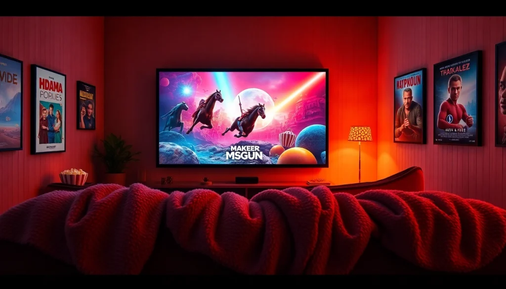 Experience cozy home theater vibes with free movies online, featuring a large screen and warm lighting.