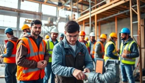 DAS 142 form being used on a lively construction site with apprentices collaborating on projects.