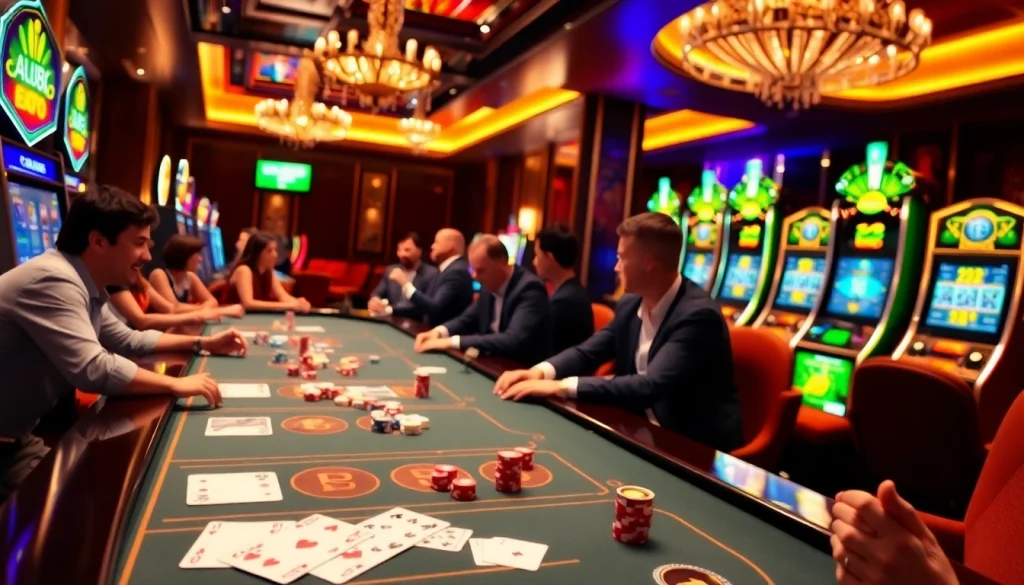 Experience the thrill of EV88 đăng nhập with a vibrant casino scene showcasing luxurious gaming elements.