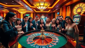 Capture a thrilling net win moment at a vibrant casino with excited players at the roulette table.