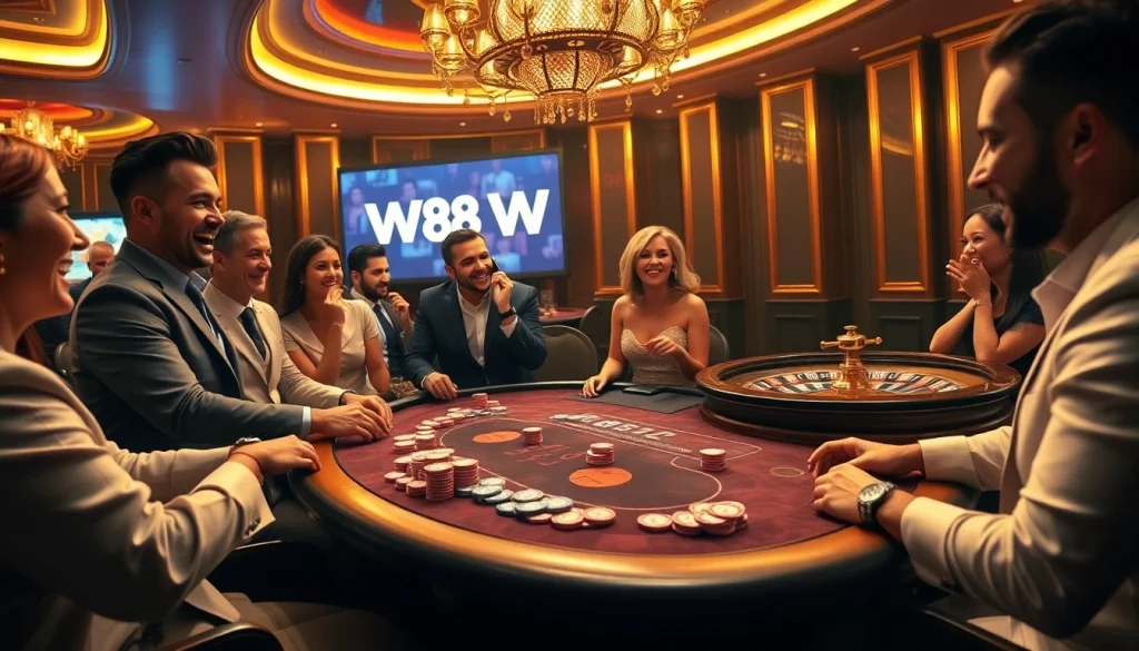 Experience thrilling moments at W88 casino with vibrant poker chips and cards on a luxurious table.