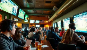 Engaged bettors enjoying sports betting Saskatchewan atmosphere with screens and game memorabilia.