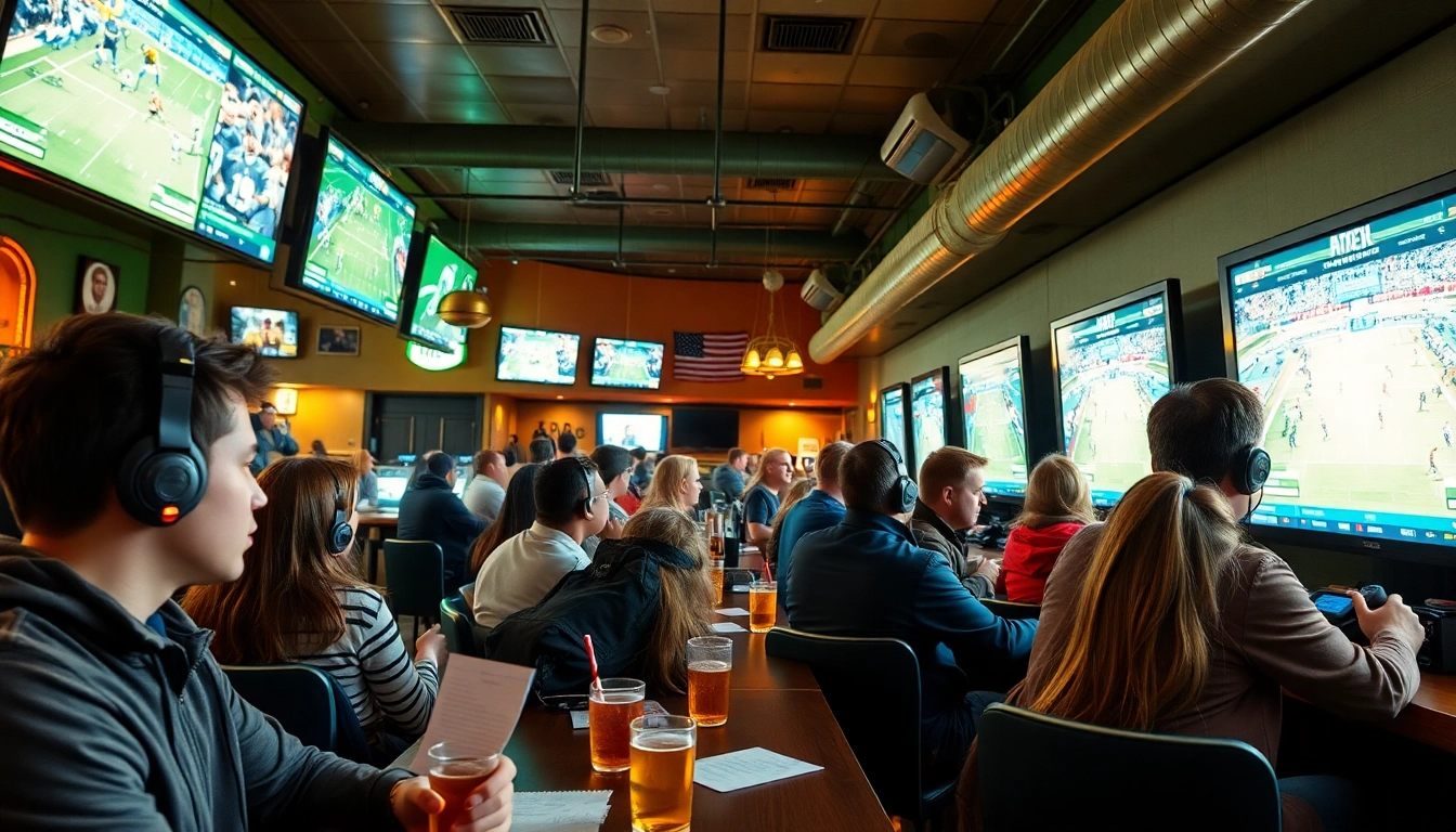 Engaged bettors enjoying sports betting Saskatchewan atmosphere with screens and game memorabilia.