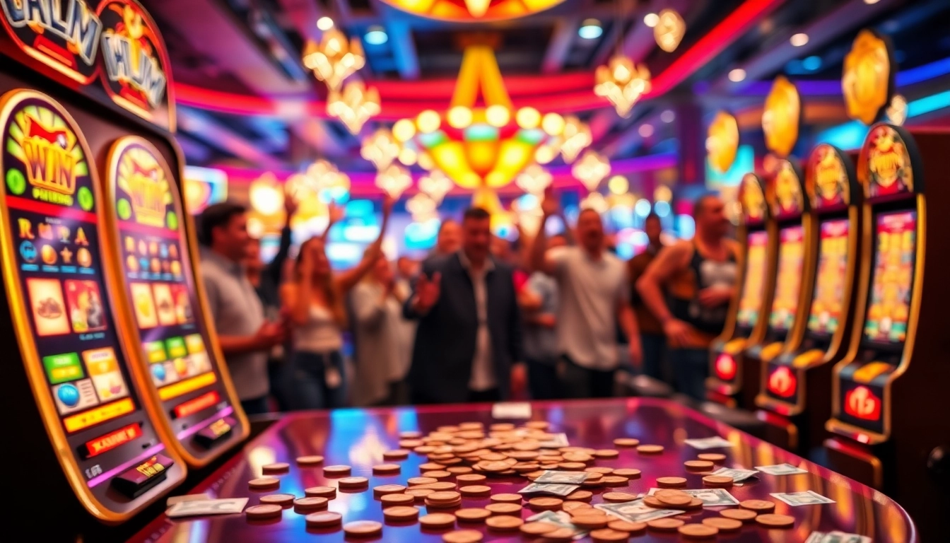 Menggambarkan pengalaman slot depo 5000 dengan pemain ceria dan mesin slot berkilau.