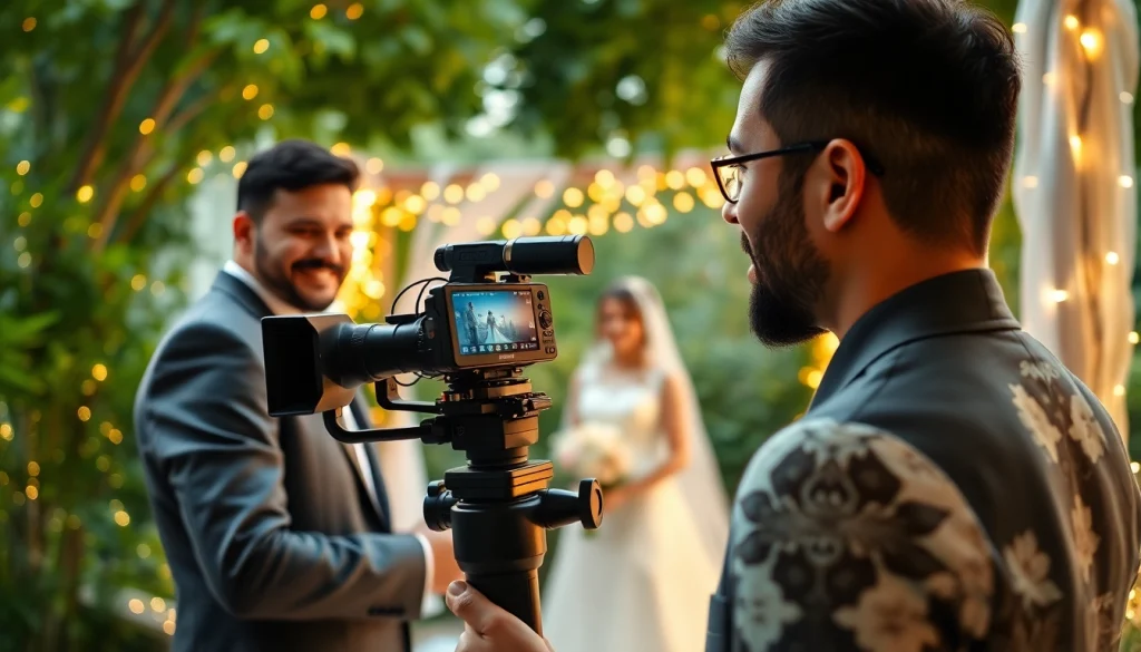 Videographer filming a wedding ceremony with a high-end camera, capturing emotional moments.