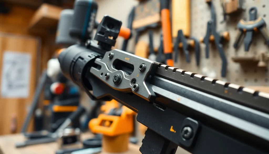 Showcase an AR 15 trigger mechanism with intricate details and crafting tools.