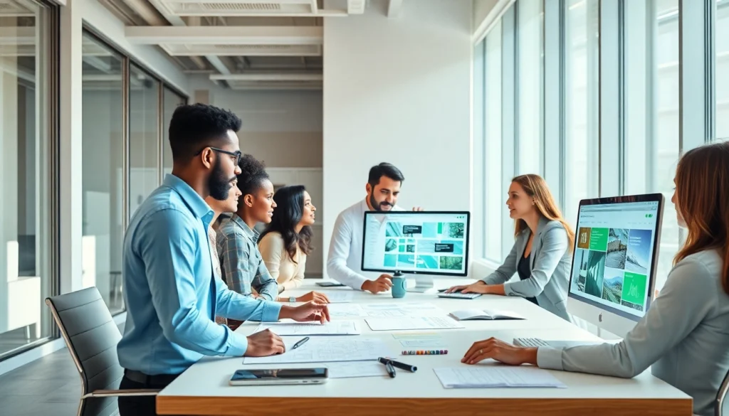 Professional team at a công ty thiết kế website collaborating on innovative web designs.