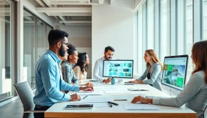 Professional team at a công ty thiết kế website collaborating on innovative web designs.