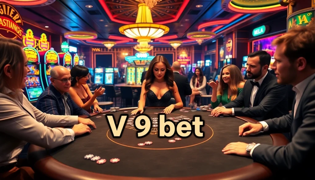 Players engaging in high-stakes games at V9 bet casino, featuring colorful slot machines.