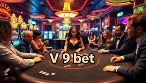 Players engaging in high-stakes games at V9 bet casino, featuring colorful slot machines.