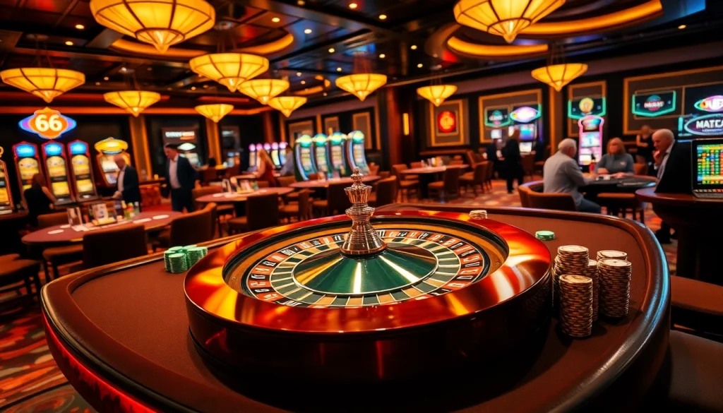 Exciting casino scene showcasing the "new 66" vibe with roulette, poker tables, and vibrant chips.