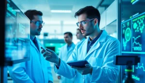 Research laboratory scene showcasing scientists analyzing WIN55 cannabinoid data, reflecting innovation.