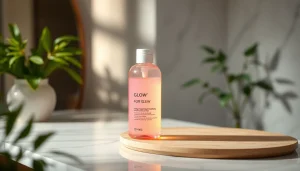 toner för Glow visas i en lugn hudvårdsmiljö med naturliga element och mjukt ljus