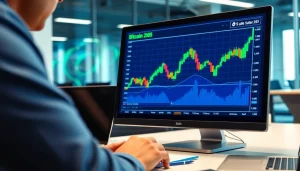 Analyze the bitcoin price live chart with vibrant data visualization tools in a modern office setting.
