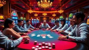 Experience the excitement of poker at VN88's vibrant casino, showcasing strategic gameplay and elegant surroundings.