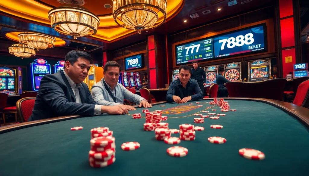 Experience thrilling games at 789BET with a vibrant casino atmosphere, showcasing poker action and luxury.