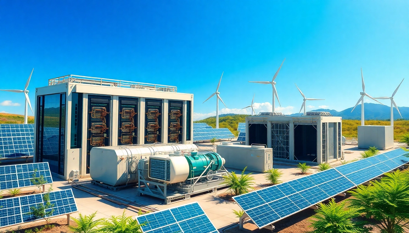 High-tech crypto mining site showcasing renewable energy solutions, emphasizing sustainable mining practices.