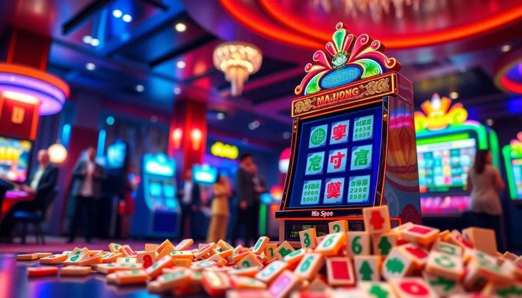 Mesin slot mahjong slot yang bersinar dengan latar belakang kasino yang ramai dan penuh warna.