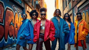 Bold designer apparel brand displayed by diverse models in urban chic setting.